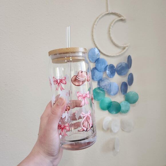 Cowgirl Coquette Pink Bows Ribbons 20 oz Glass Western Tumbler Cup Girly Cute - Picture 1 of 4